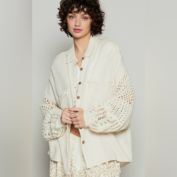 P58. NEW POL Natural Cream Crochet Knit Sleeve Button Down Shirt Cotton - Picture 3 of 9